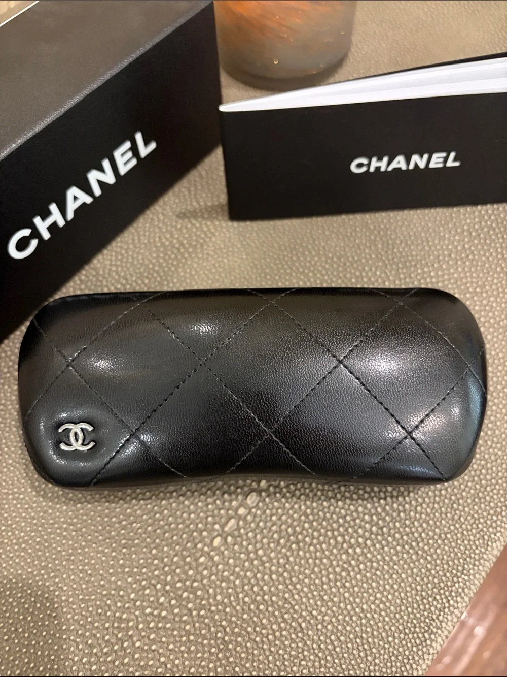 CHANEL Black Quilted Leather Sunglasses Case with Silver CC Accent